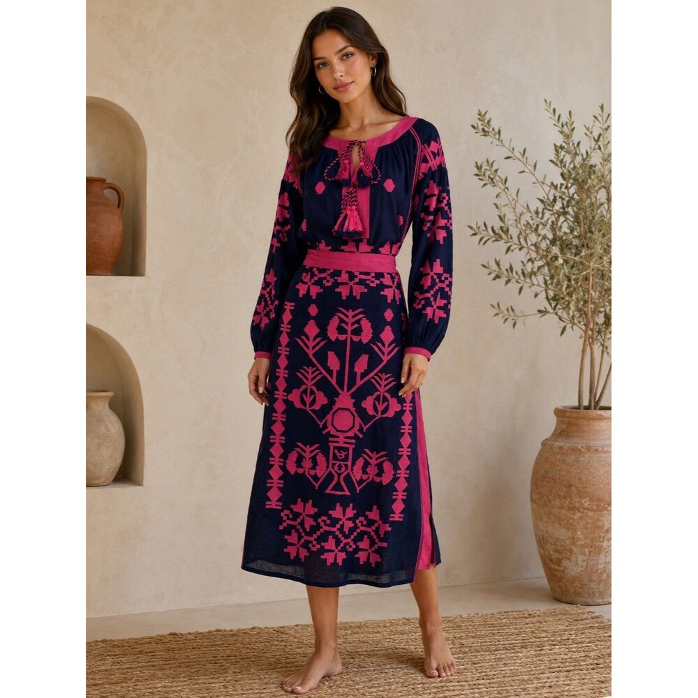 Frances Valentine XS Navy Pink Embroidered Linen Cotton Midi Dress Belted